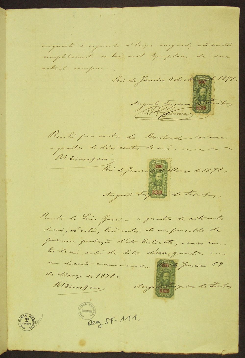 Contrato celebrado entre Augusto Teixeira de Freitas e o editor B. L. Garnier para a edição da obra Aditamentos ao Código do Comércio  A. Teixeira de Freitas. 1878