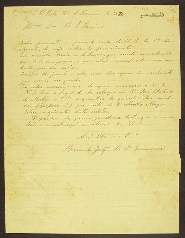 Carta ao editor B. L. Garnier, comunicando concordar com as condições especificadas no contrato  B. Guimarães. 1870