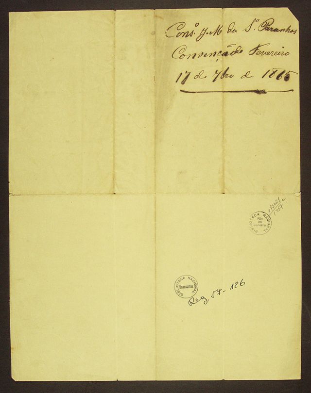 Carta ao editor B. L. Garnier, concordando com a publicação dos discursos sobre a Convenção de Paz de 20 de Fevereiro  J. da Silva Paranhos Visconde do Rio Branco. 1865