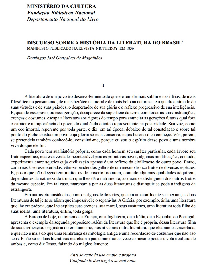 D. J. G. de Magalhães Visconde de Araguaia  Discurso sobre a história da literatura no Brasil  1836